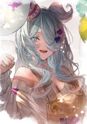 Rule 34 | 1girl, :d, absurdres, balloon, betabeet, birthday, blue eyes, breasts, cleavage, clenched hand, elira pendora, elira pendora (1st costume), grey overalls, hair ornament, hair over one eye, hat, highres, light blush, long hair, long sleeves, looking at viewer, mole, multicolored hair, nijisanji, nijisanji en, off-shoulder shirt, off shoulder, open mouth, overalls, party hat, shirt, smile, solo, two-tone hair, upper body, virtual youtuber, white shirt