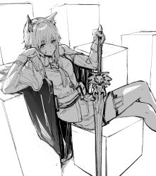 Rule 34 | 1girl, absurdres, animal ear fluff, animal ears, arknights, blush, closed mouth, collared shirt, commentary request, crossed legs, feet out of frame, greyscale, hair between eyes, hand on hilt, highres, long hair, long sleeves, miao ao tian, monochrome, shirt, short shorts, shorts, simple background, sitting, solo, sword, texas (arknights), texas the omertosa (arknights), vest, weapon, white background