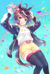 Rule 34 | 1girl, :d, ahoge, animal ears, beige shorts, black hair, black thighhighs, blue jacket, carrot print, commentary request, confetti, day, feet out of frame, floating hair, food print, hair ribbon, hands up, horse ears, jacket, kitasan black (umamusume), light blush, looking at viewer, multicolored hair, open clothes, open jacket, open mouth, outdoors, pink eyes, pink ribbon, ponytail, ribbon, shirt, short hair, sky, smile, solo, stacy romeroa, streaked hair, swept bangs, tassel, thighhighs, umamusume, white shirt
