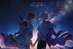 Rule 34 | 2boys, ahoge, arm up, backlighting, black gloves, black pants, brothers, cityscape, closed mouth, cloud, commentary, english text, fingerless gloves, gloves, gradient sky, holding hands, happy birthday, highres, idolish7, ima (luce365), jacket, kujou tenn, looking at viewer, looking back, mountainous horizon, multiple boys, nanase riku, off shoulder, open mouth, outdoors, outstretched hand, pants, pink eyes, pink hair, red eyes, red hair, shirt, short hair, siblings, signature, single glove, single sidelock, sky, smile, star (sky), starry sky, twins, upper body, white jacket, white shirt
