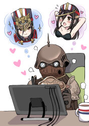 Rule 34 | 1boy, 1girl, :o, ardainian soldier, armor, armpits, arms behind head, black one-piece swimsuit, breasts, brown eyes, brown hair, chair, cleavage, closed mouth, coffee, cup, heart, helmet, highres, holding, holding stylus, kurume sml, looking at viewer, military, military uniform, morag ladair (obligatory leave) (xenoblade), morag ladair (xenoblade), mug, multiple views, one-piece swimsuit, open mouth, pauldrons, shoulder armor, simple background, small breasts, smile, stylus, swimsuit, table, tablet pc, thought bubble, uniform, white background, xenoblade chronicles (series), xenoblade chronicles 2