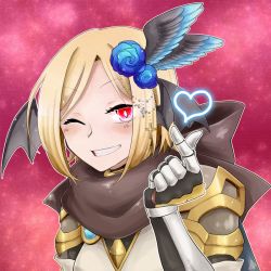 Rule 34 | 1girl, armor, bat wings, black wings, blue flower, blue wings, blush, breastplate, brown scarf, commentary request, commission, cross, feathered wings, flower, gauntlets, gradient wings, grin, hair flower, hair ornament, head wings, heart, looking at viewer, multicolored wings, official alternate costume, one eye closed, pauldrons, ragnarok online, red eyes, rune knight (ragnarok online), scarf, short hair, shoulder armor, skeb commission, smile, solo, takuto173, upper body, wings