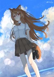 Rule 34 | 1girl, animal ear fluff, animal ears, black footwear, blue sky, blush, bow, breasts, brown eyes, brown hair, brown skirt, closed mouth, cloud, cloudy sky, collared shirt, commentary request, day, dress shirt, glasses, highres, holding, holding clothes, holding footwear, holding shoes, horizon, long hair, looking at viewer, medium breasts, ocean, original, outdoors, pleated skirt, red-framed eyewear, red bow, shirt, shoes, unworn shoes, short sleeves, signature, skirt, sky, smile, solo, standing, tail, umiroku, very long hair, water, white shirt