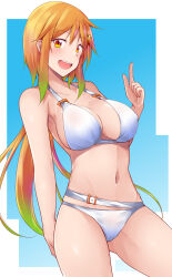 Rule 34 | 1girl, :d, bikini, blush, breasts, brown eyes, collarbone, commentary request, cowboy shot, crescent, crescent hair ornament, gradient hair, green hair, hair ornament, highres, index finger raised, large breasts, long hair, looking at viewer, multicolored hair, navel, nipples, open mouth, original, sidelocks, smile, solo, standing, swimsuit, teeth, tokiniwa yuuki, upper teeth only, vellark, white bikini
