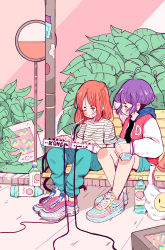 Rule 34 | 2girls, a bathing ape, aqua pants, aqua shorts, bag, bench, bottle, bus stop, cable, crisalys, drawstring, earrings, highres, holding, hood, hoodie, instrument, jewelry, long sleeves, medium hair, microphone, multiple girls, nike (company), one eye closed, orange hair, pants, plant, profile, purple hair, shirt, shoes, short hair, short sleeves, shorts, sitting, smile, smiley face, striped clothes, striped shirt, synthesizer, undercut, water bottle, white shirt