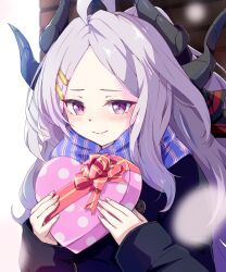 Rule 34 | 1girl, ahoge, black coat, black horns, blue archive, blue scarf, blush, box, closed mouth, coat, demon horns, fingernails, gift, gift box, halo, heart-shaped box, highres, hina (blue archive), holding, holding gift, horns, long hair, long sleeves, mosuke1221, multiple horns, parted bangs, purple eyes, scarf, smile, solo, valentine, white hair