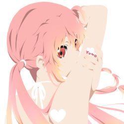Rule 34 | 1girl, bad id, bad pixiv id, bare shoulders, cover, derivative work, gasai yuno, heart, k-on!, long hair, looking back, lowres, mirai nikki, nakano azusa, parody, pink hair, red eyes, solo, xion 012