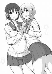 Rule 34 | 10s, 2girls, :d, amano don, asymmetrical hair, bad id, bad pixiv id, blush, braid, collarbone, greyscale, hagino chiaki, hair between eyes, hands up, highres, hinako note, holding hands, interlocked fingers, long sleeves, looking at viewer, looking back, low twintails, monochrome, multiple girls, open mouth, pleated skirt, sakuragi hinako, school uniform, serafuku, short hair with long locks, side braid, skirt, smile, star (symbol), starry background, sweater, thighs, twintails