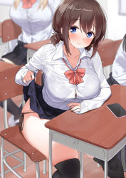 Rule 34 | 3girls, black hair, black legwear, black panties, blonde hair, blue eyes, blush, bow, bowtie, bra, bra visible through clothes, breasts, brown hair, cellphone, chair, clothes lift, desk, huge breasts, kaisen chuui, lifting own clothes, looking at viewer, low twintails, multiple girls, original, panties, phone, school chair, school desk, school uniform, see-through silhouette, short hair, short twintails, side-tie panties, sitting, skirt, skirt lift, smartphone, smile, table, thighhighs, twintails, underwear