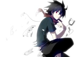 Rule 34 | 1boy, adjusting bandana, arm between legs, bandana, bandana around neck, bishounen, black hair, black pants, black shirt, bloom, closed mouth, feet out of frame, from side, hair between eyes, hand up, highres, log 80000, looking at viewer, looking to the side, male focus, on one knee, pale skin, pants, red bandana, red eyes, ross (senyuu), sen&#039;yuu., shards, shirt, short hair, simple background, solo, spiked hair, turtleneck, turtleneck shirt, white background