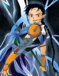 Rule 34 | 1boy, armor, black hair, blue ribbon, braid, clenched teeth, earrings, electricity, facial mark, forehead mark, gradient background, grin, hiten, inuyasha, jewelry, long hair, male focus, pointy ears, polearm, red eyes, ribbon, single braid, slit pupils, smile, solo, spear, teeth, very long hair, weapon, z (zyyy)