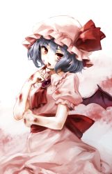 Rule 34 | 1girl, ascot, bat wings, blood, blood on clothes, blood on face, blue hair, bow, brooch, cowboy shot, hand up, hat, hat bow, highres, jewelry, looking at viewer, mob cap, oborofu, pink hat, puffy short sleeves, puffy sleeves, red bow, red eyes, remilia scarlet, sash, short hair, short sleeves, solo, tongue, tongue out, touhou, wings