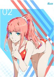 Rule 34 | 10s, 1girl, absurdres, all fours, bikini, blue eyes, blunt bangs, breasts, character name, closed mouth, collarbone, cowboy shot, darling in the franxx, female focus, hair ornament, hair scrunchie, hand up, highres, horns, index finger raised, kuno (runkunochan), long hair, looking at viewer, medium breasts, o-ring, pink hair, ponytail, red bikini, scrunchie, shiny skin, smile, solo, swimsuit, untied bikini, white scrunchie, zero two (darling in the franxx)