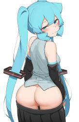 Rule 34 | 1girl, abmayo, aqua eyes, aqua hair, aqua nails, ass, bare shoulders, blush, breasts, censored, clothes pull, detached sleeves, grey shirt, hair ornament, hatsune miku, highres, long hair, looking at viewer, looking back, mosaic censoring, no panties, panties, shirt, simple background, skirt, sleeveless, solo, striped clothes, thighhighs, twintails, underwear, very long hair, vocaloid, white background