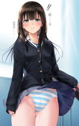 Rule 34 | 1girl, black cardigan, black skirt, blue necktie, blue panties, blush, breasts, brown hair, cardigan, clothes lift, collared shirt, commentary request, glaring, gluteal fold, green eyes, highres, idolmaster, idolmaster cinderella girls, long hair, long sleeves, looking at viewer, necktie, panties, parted lips, ponytail korosuke, school uniform, shibuya rin, shirt, simple background, skirt, skirt lift, sleeves past wrists, small breasts, solo, standing, striped clothes, striped panties, sweat, thighs, translation request, underwear, upskirt, v-shaped eyebrows, white background, white shirt
