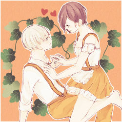 Rule 34 | 1boy, 1girl, alternate costume, apron, arm support, bad id, bad pixiv id, barefoot, blush, breasts, brown background, brown hair, brown pants, brown skirt, collarbone, collared shirt, commentary request, detached sleeves, dress, earrings, frills, from side, grey hair, heart, hetero, highres, holding hands, jewelry, kaneki ken, kirishima touka, looking at another, medium breasts, pants, shirt, short hair, short sleeves, skirt, smile, suspenders, tokyo ghoul, toukaairab, waist apron, white apron
