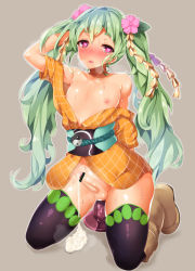 Rule 34 | 1boy, anal, anal object insertion, androgynous, arm behind head, armpits, blush, boots, bottomless, censored, character request, collarbone, crossdressing, cum, dildo, drooling, erection, flower, green hair, hair flower, hair ornament, heart, heart-shaped pupils, highres, japanese clothes, kimono, kneeling, long hair, long twintails, looking at viewer, male focus, male penetrated, masturbation, naughty face, nipples, object insertion, off shoulder, open clothes, penis, pink eyes, pointless censoring, poko chin, saliva, sengoku collection, sex toy, simple background, sitting, solo, sweat, symbol-shaped pupils, testicles, thighhighs, trap, twintails