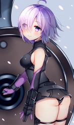 Rule 34 | 1girl, ahoge, armor, ass, black gloves, black leotard, blush, breasts, closed mouth, cowboy shot, elbow gloves, eyes visible through hair, fate/grand order, fate (series), gloves, hair over one eye, highres, holding, holding shield, leotard, light smile, looking at viewer, looking back, mash kyrielight, medium breasts, nan (jyomyon), purple eyes, purple gloves, purple hair, shield, sideboob, smile, solo, thigh strap, thighs