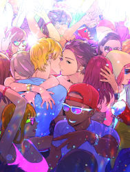 Rule 34 | 6+boys, 6+girls, :d, arm around neck, arms around waist, arms up, backwards hat, baseball cap, belt, bisexual male, black hair, blonde hair, blurry, bokeh, bracelet, breasts, brown hair, cheating (relationship), cleavage, closed eyes, commentary request, crowd, cup, dancing, dark-skinned male, dark skin, depth of field, disposable cup, earrings, facial hair, goatee, hair slicked back, half updo, hand on another&#039;s head, hat, hood, hood up, hoodie, hug, jewelry, kiss, long hair, long sleeves, looking away, mask, medium hair, multiple boys, multiple girls, nail polish, necklace, open mouth, orange hair, original, profile, ring, shirt, short hair, short sleeves, shutter shades, smile, sparkle, sunglasses, t-shirt, tank top, tmku, v, w, watch, wavy hair