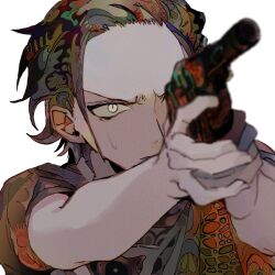 Rule 34 | 1boy, aged down, aiming up, androgynous, black hair, crocodile (one piece), gun, hair slicked back, highres, holding, holding gun, holding weapon, male focus, one piece, pointing gun, short hair, short sleeves, simple background, slit pupils, solo, weapon, white background, yadu nadu