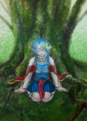 Rule 34 | 1girl, ahoge, blue hair, blue skirt, breasts, cape, commentary request, crescent, crescent hair ornament, graphite (medium), grass, hair ornament, highres, medium hair, painting (medium), pointy ears, red cape, rena lanford, skirt, sleeping, smile, solo, star ocean, star ocean the second story, traditional media, tree, watercolor (medium), white legwear