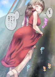 Rule 34 | 1futa, ayanakitori, black hair, blush, brown eyes, censored, clothes lift, dress, dress lift, flaccid, from behind, futanari, highres, lifting own clothes, long hair, looking back, original, peeing, penis, red dress, solo, translated