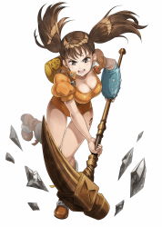 Rule 34 | 10s, 1girl, absurdres, breasts, brown eyes, brown hair, cleavage, diane (nanatsu no taizai), floating hair, full body, hammer, highres, holding, holding weapon, large breasts, leaning forward, leg up, leotard, long hair, looking at viewer, nanatsu no taizai, open mouth, orange leotard, short sleeves, simple background, solo, twintails, weapon, white background