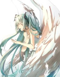 Rule 34 | 1girl, ahoge, angel, aqua hair, bare arms, bare shoulders, closed eyes, collarbone, commentary request, dress, feathered wings, feathers, hand up, hatsune miku, highres, long hair, music, open mouth, pixiv13573939, simple background, singing, sleeveless, sleeveless dress, solo, sundress, teeth, twintails, upper teeth only, very long hair, vocaloid, white background, white dress, wings