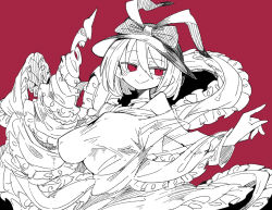 Rule 34 | 1girl, bow, breasts, closed mouth, drill, frilled shawl, frilled skirt, frills, hat, hat bow, highres, large breasts, limited palette, long sleeves, looking to the side, massakasama, nagae iku, red background, red eyes, shawl, shirt, short hair, simple background, skirt, smile, solo, touhou, upper body