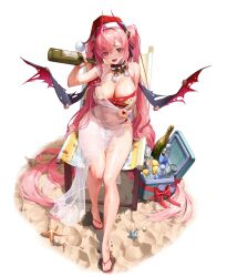 Rule 34 | 1girl, alcohol, artist request, bell, bottle, bow, breasts, can, chair, character request, cooler, demon wings, destiny child, feet, food, fruit, full body, grilla (destiny child), hat, highres, horns, ice, ice cube, large breasts, lemon, long hair, pasties, pink eyes, pink hair, ribbon, sand, sandals, santa hat, sitting, smile, star pasties, starfish, teasing, thighs, tigermtang, torn wings, twintails, very long hair, water, wet, wet clothes, white background, wings
