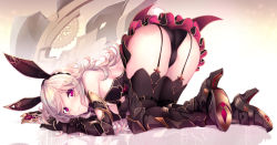 Rule 34 | 1girl, 3:, all fours, animal ears, armor, armored boots, ass, black footwear, black gloves, black panties, black skirt, black thighhighs, blonde hair, blush, boots, breasts, cleavage, closed mouth, commentary, elbow gloves, english commentary, fake animal ears, fake tail, full body, garter straps, gauntlets, gears, gloves, greaves, hairband, haruka natsuki, high heel boots, high heels, highres, light frown, long hair, looking at viewer, medium breasts, original, panties, presenting, purple eyes, rabbit tail, reflection, skirt, solo, tail, thighhighs, thighs, top-down bottom-up, underwear, upskirt, vambraces
