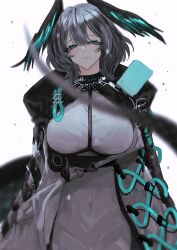 Rule 34 | 1girl, aqua eyes, arknights, breasts, feathered wings, grey hair, head wings, highres, ho&#039;olheyak (arknights), iwashi 80, jacket, large breasts, looking at viewer, medium hair, open clothes, open jacket, simple background, smile, solo, tail, white background, wings