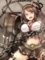 Rule 34 | 10s, 1girl, brown hair, chain, collar, hair ornament, highres, ichifuji nitaka (phase nine), kantai collection, md5 mismatch, miniskirt, multicolored eyes, mutsu (kancolle), navel, open mouth, personification, short hair, skirt, solo