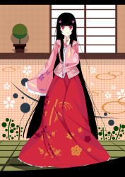 Rule 34 | 1girl, absurdres, black hair, blush, floral print, flower, full body, hair flower, hair ornament, hand on own chin, highres, hime cut, houraisan kaguya, japanese clothes, long hair, long sleeves, looking at viewer, red eyes, sidelocks, smile, solo, sonikey0 0, touhou, very long hair, wide sleeves