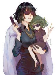 Rule 34 | 2girls, achyue, aged down, arrow (symbol), black dress, black footwear, black hair, breasts, bullet, carrying, cowboy shot, dress, finger on trigger, flipped hair, floating, floating object, fubuki (one-punch man), fur trim, glasses, green eyes, green hair, gun, handgun, holding, holding gun, holding weapon, jacket, jacket on shoulders, jewelry, large breasts, light frown, long sleeves, looking at viewer, multiple girls, necklace, one-punch man, parted lips, pink lips, shoes, short hair, short sleeves, siblings, simple background, sisters, sitting, sketch, sunglasses, tatsumaki, telekinesis, text focus, translation request, weapon