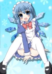 Rule 34 | 1girl, alternate costume, apron, between legs, blue dress, blue eyes, blue hair, blue skirt, blush, bow, cirno, covering privates, covering crotch, dress, enmaided, fang, hand between legs, head tilt, juliet sleeves, long sleeves, maid, maid apron, maid headdress, mary janes, masiromu, matching hair/eyes, open mouth, puffy sleeves, shoes, short hair, sitting, skirt, smile, solo, spread legs, thighhighs, touhou, white thighhighs, wings, zettai ryouiki