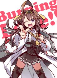Rule 34 | 10s, 1girl, :3, ;d, ahoge, black thighhighs, boots, brown hair, burning love (phrase), clenched hand, detached sleeves, double bun, fang, hair bun, hair ornament, hairband, heart, heart-shaped pupils, kantai collection, kongou (kancolle), long hair, machinery, negi (ulog&#039;be), nontraditional miko, one eye closed, open mouth, pleated skirt, pointing, pointing at viewer, skirt, smile, solo, symbol-shaped pupils, thigh boots, thighhighs, turret, zettai ryouiki