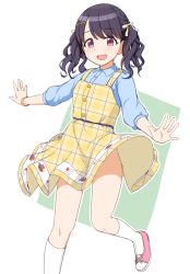 Rule 34 | 1girl, :d, black hair, blue shirt, blush, clothes lift, dress, dress lift, fang, fukumaru koito, hair ribbon, highres, idolmaster, idolmaster shiny colors, kneehighs, looking at viewer, open mouth, pinafore dress, pink eyes, ribbon, shirt, shoes, short twintails, simple background, sleeveless dress, smile, socks, solo, standing, standing on one leg, thighs, twintails, yellow dress, youdie