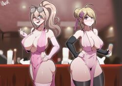 Rule 34 | 2girls, absurdres, ahoge, akamatsu kaede, areola slip, artist name, aviator sunglasses, banquet, black gloves, black thighhighs, blonde hair, blue eyes, blush, breasts, choker, cleavage, closed mouth, collarbone, cup, danganronpa (series), danganronpa v3: killing harmony, dress, elbow gloves, fingerless gloves, fingernails, flower, gloves, hair flower, hair ornament, halter dress, halterneck, hand on own hip, highres, holding, holding cup, holding wine glass, huge breasts, indoors, iruma miu, large breasts, looking at viewer, low neckline, multiple girls, nail polish, naver, no bra, no panties, one eye closed, open mouth, pink dress, pink gloves, pink nails, ponytail, purple eyes, purple flower, purple rose, rose, shiny skin, signature, slutty outfit, sunglasses, sunglasses on head, teeth, thighhighs, tongue, upper teeth only, v-neck, white thighhighs