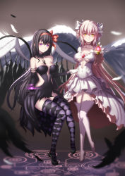 Rule 34 | 10s, 2girls, akemi homura, akuma homura, angel wings, argyle, argyle clothes, argyle legwear, bare shoulders, black dress, black gloves, black hair, bow, breasts, choker, cleavage, clothing cutout, collarbone, dark orb (madoka magica), dress, elbow gloves, feathers, full body, gloves, glowing, gradient background, hair bow, highres, hk (hk), holding hands, kaname madoka, large breasts, long hair, looking at viewer, magic circle, magical girl, mahou shoujo madoka magica, mahou shoujo madoka magica: hangyaku no monogatari, multiple girls, pink hair, purple eyes, revealing clothes, showgirl skirt, soul gem, spoilers, standing, strapless, strapless dress, thighhighs, ultimate madoka, underboob, underboob cutout, very long hair, white dress, white gloves, white legwear, wings, yellow eyes, zettai ryouiki