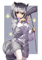 Rule 34 | 1girl, between fingers, bird tail, black hair, card, coat, gloves, gradient hair, grey coat, grey hair, hair between eyes, highres, holding, kemono friends, long sleeves, looking at viewer, multicolored hair, northern white-faced owl (kemono friends), orange eyes, outline, pantyhose, playing card, short hair, simple background, smile, solo, sparkle, tadano magu, tail, v-shaped eyebrows, white outline, white pantyhose, wide sleeves, yellow gloves