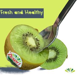 Rule 34 | absurdres, company logo, english text, food, food focus, fruit, green background, highres, kiwi (fruit), no humans, product placement, realistic, simple background, spoon, still life, torutiya, two-tone background, white background, zespri