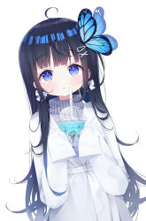 Rule 34 | 1girl, :o, ahoge, animal, aoi nabi, black hair, blue eyes, blush, bug, butterfly, cup, deyui, disposable cup, drink, drinking straw, grey sweater, hair ornament, hairclip, hands up, highres, holding, holding cup, insect, long hair, long sleeves, looking at viewer, maesond, parted lips, ribbed sweater, simple background, sleeves past fingers, sleeves past wrists, solo, sweater, turtleneck, turtleneck sweater, very long hair, virtual youtuber, white background, x hair ornament