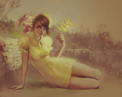 Rule 34 | 1girl, brown eyes, brown hair, dress, flower, hat, jace wallace, looking at viewer, lying, short dress, solo