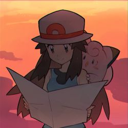 Rule 34 | 1girl, blue shirt, brown eyes, brown hair, bucket hat, clefairy, closed mouth, commentary, creatures (company), eyelashes, game freak, gen 1 pokemon, hair flaps, hat, highres, holding, leaf (pokemon), long hair, looking down, nintendo, outdoors, pokemon, pokemon (creature), pokemon frlg, pokemon on back, rata (m40929), reading, shirt, sleeveless, sleeveless shirt, smile, symbol-only commentary, twilight, white headwear