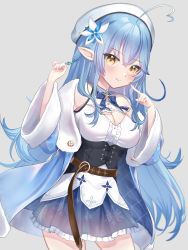 Rule 34 | 1girl, absurdres, ahoge, belt, beret, blue hair, blush, bow, bowtie, braid, breasts, cleavage, cleavage cutout, clothing cutout, coat, commentary request, commission, finger to cheek, flower, french braid, fur-trimmed sleeves, fur trim, grey background, hair between eyes, hair flower, hair ornament, half updo, hat, heart, heart ahoge, highres, hololive, large breasts, long hair, long sleeves, looking at viewer, medium breasts, negima (le ne38), pointy ears, see-through, shoulder cutout, simple background, skeb commission, smile, snowflake print, solo, virtual youtuber, yellow eyes, yukihana lamy