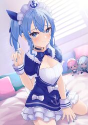 Rule 34 | 1girl, alternate breast size, anchor symbol, blue bow, blue bowtie, blue choker, blue dress, blue eyes, blue hair, blue nails, blush, bow, bowtie, breasts, character doll, choker, cleavage, cosplay, dress, frilled dress, frills, hair between eyes, hair ribbon, highres, hololive, hoshimachi suisei, looking at viewer, maid headdress, medium breasts, medium hair, minato aqua, minato aqua (1st costume), minato aqua (cosplay), nixour, ribbon, short sleeves, side ponytail, solo, star (symbol), star in eye, stuffed toy, symbol in eye, virtual youtuber, wrist cuffs