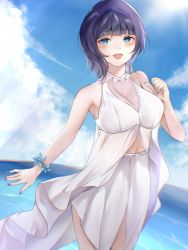Rule 34 | 1girl, absurdres, artist name, artist request, asaka karin, bare legs, bare shoulders, bikini, bikini skirt, blue eyes, blue hair, blue nail polish, blue nails, blue sky, blush, bracelet, breasts, caicos (pixiv26076281), cleavage, clenched hand, cloud, collarbone, dark blue hair, day, detached collar, dress, female focus, flower bracelet, half-closed eyes, highres, jewelry, large breasts, looking at viewer, love live!, love live! nijigasaki high school idol club, medium breasts, medium hair, mole, mole on body, mole on breast, nail, nail polish, outdoors, outstretched arm, outstretched hand, parted lips, purple hair, short hair, sky, smile, solo, sun, sundress, sunlight, swimsuit, teeth, white bikini, white detached collar