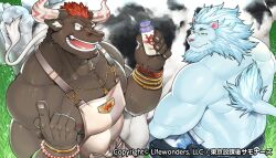 Rule 34 | apron, bangle, bara, bead bracelet, beads, bottle, bracelet, brown fur, cow, furry, furry male, furry with furry, grass, gyumao (housamo), jewelry, kira nerisu, lion, lion tail, looking at another, male focus, mane, milk, milk bottle, milking cow, monocle, nearly naked apron, necklace, one eye closed, scar, snow (housamo), tail, tokyo houkago summoners, topless male, watch, white fur