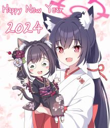 Rule 34 | 2024, 2girls, absurdres, animal ear fluff, animal ears, black hair, black kimono, blue archive, blush, cat ears, cat tail, crossover, fang, green eyes, hakama, halo, happy new year, highres, japanese clothes, karyl (new year) (princess connect!), karyl (princess connect!), kimono, long hair, long sleeves, miko, multiple girls, new year, obi, official alternate costume, open mouth, pink halo, princess connect!, red eyes, red hakama, sash, serika (blue archive), serika (new year) (blue archive), short hair, skin fang, smile, tail, vector (dmlddmld00), wide sleeves